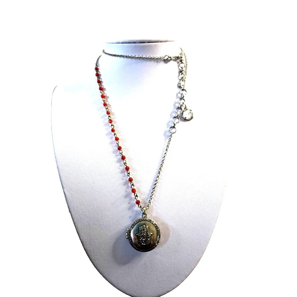 Lucky Brand Hamsa Hand LOCKET 30 inch Silver Chain Rhinestones Red Beads crystal